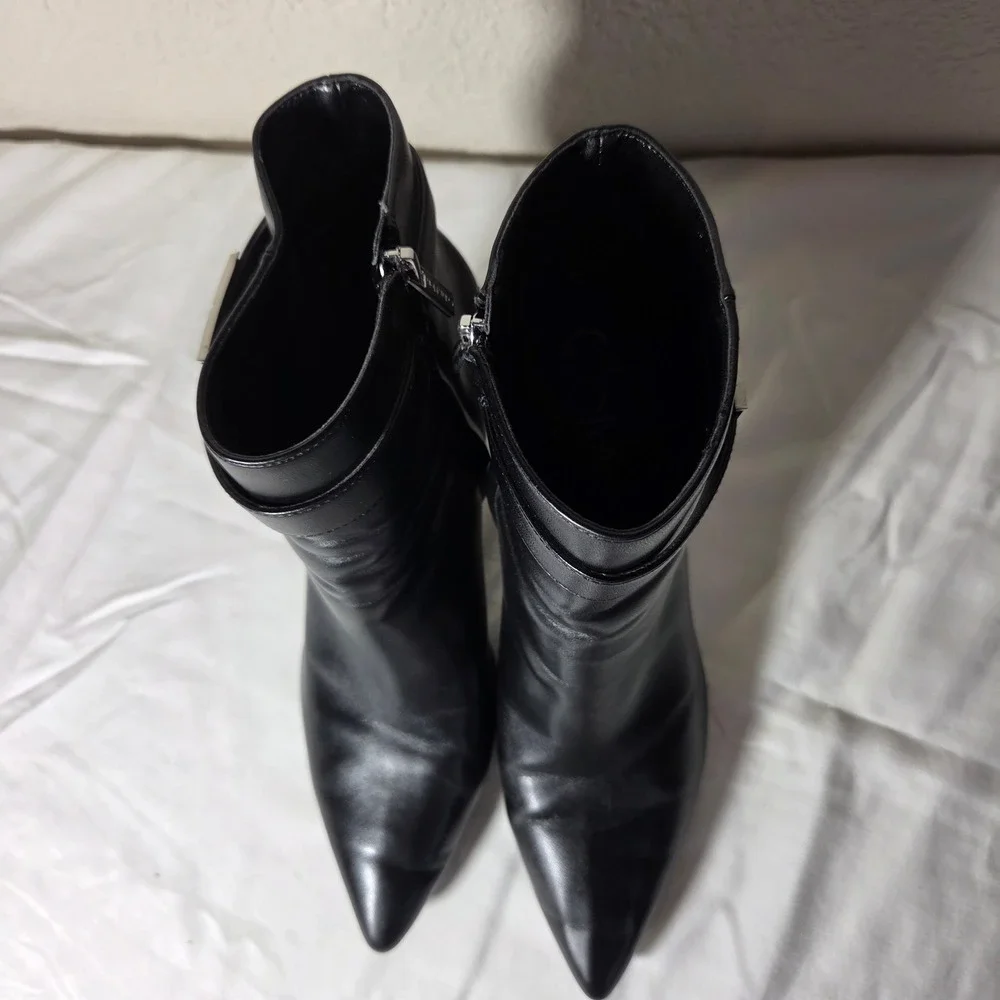 Calvin Klein Black Leather Pointed Toe Ankle Boots Silver Logo Hardware W9.5M